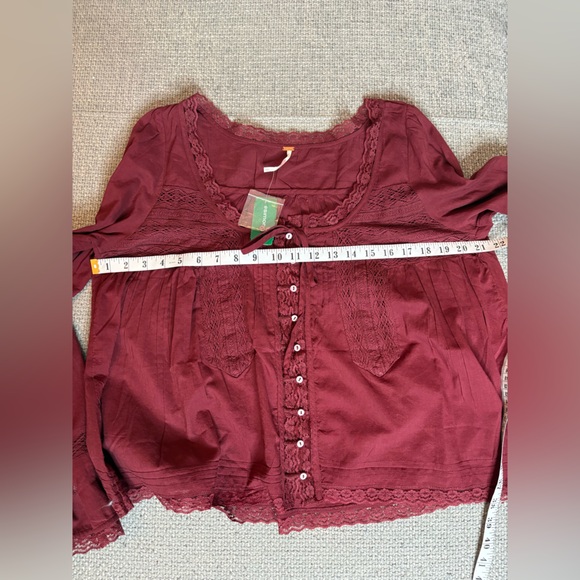 Free People Forevermore Crochet Lace Blouse Burgundy Boho Cotton Top Size L - Picture 12 of 13